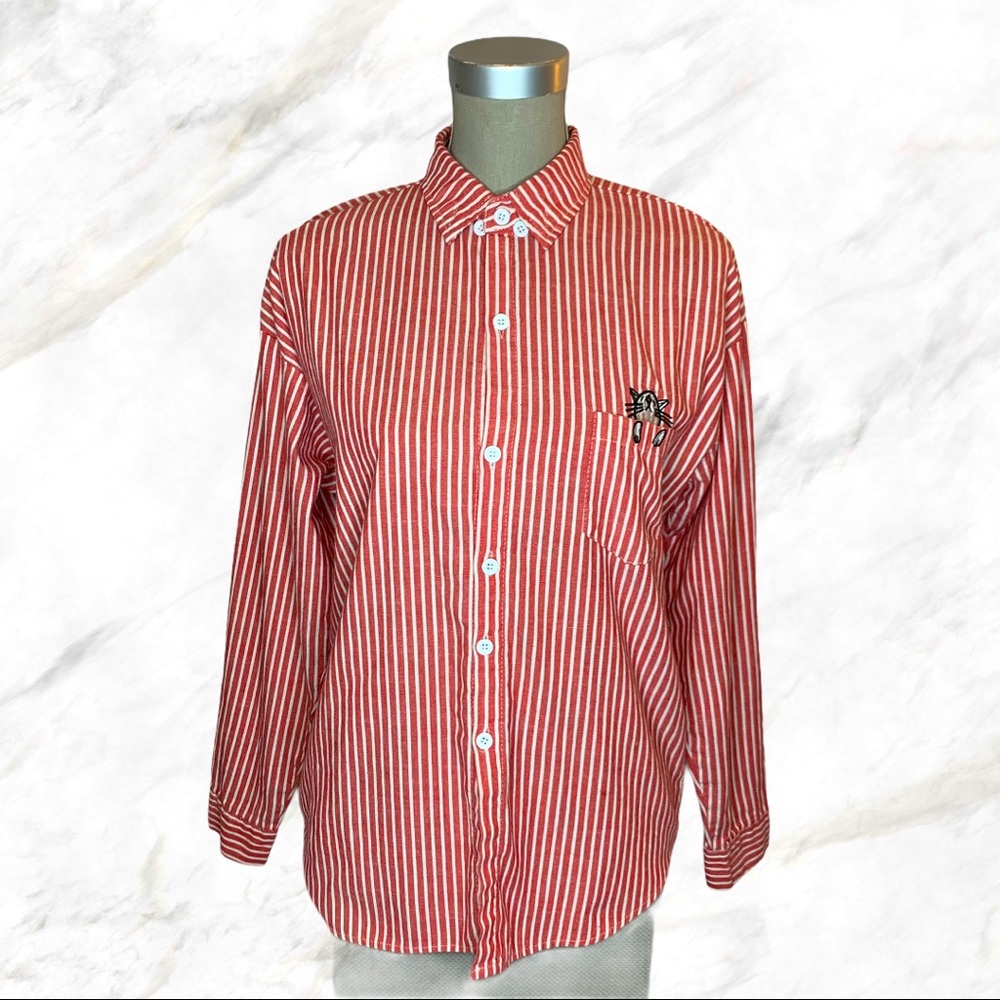 Vintage | Pocket Kitty Red & White Striped Button-Down Shirt